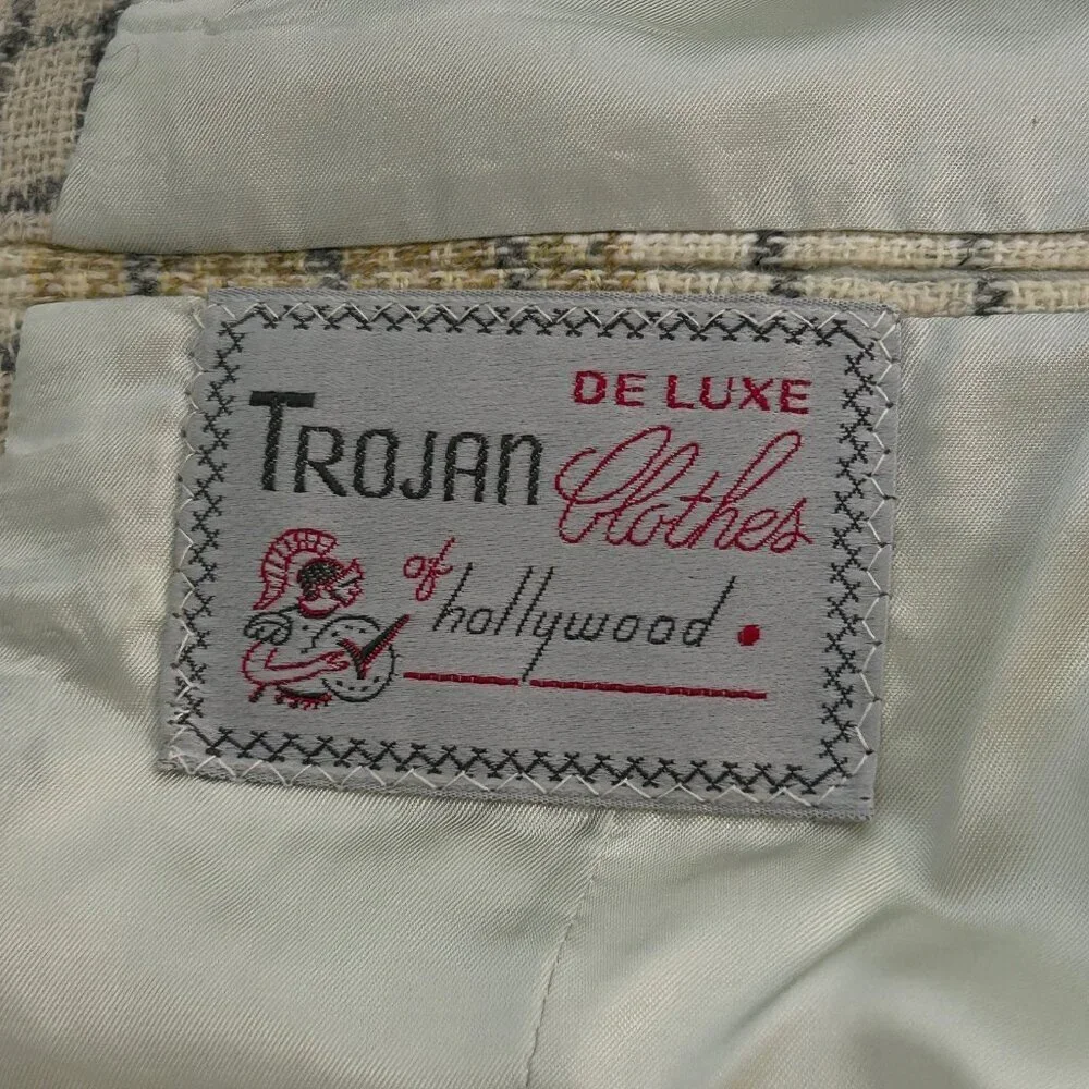 Trojan Deluxe Vintage 80s Men’s Ivory Gold Plaid Sport Coat Blazer Size 38-40R